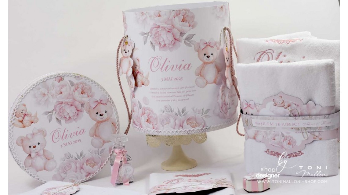 Trusou botez cu ursuleti si flori roz Teddy Bear Baby Girl 7